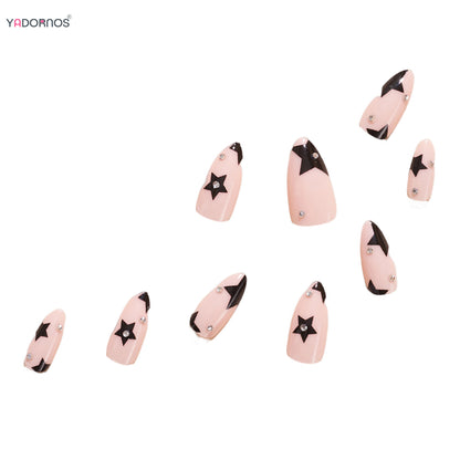 24Pcs Long Almond Press on Nails Y2K Star Diamond Designs