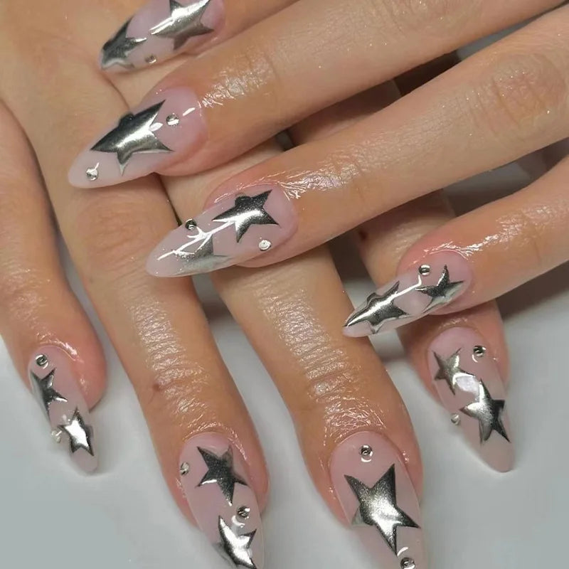 24Pcs Short Almond Press on Nails Y2K Star Diamond Designs