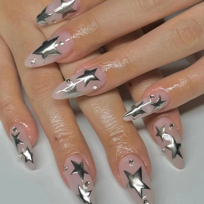 24Pcs Long Almond Press on Nails Y2K Star Diamond Designs