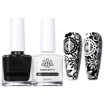 BORN PRETTY 2Pcs/Set 10ML Black and White Stamping Nail Polish