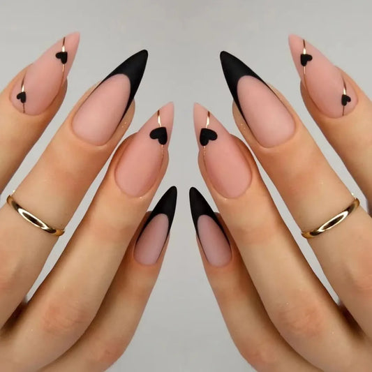 24 Pcs French Tip with Hearts Gold Thread Nails (1 Glue and 1 Nail File)