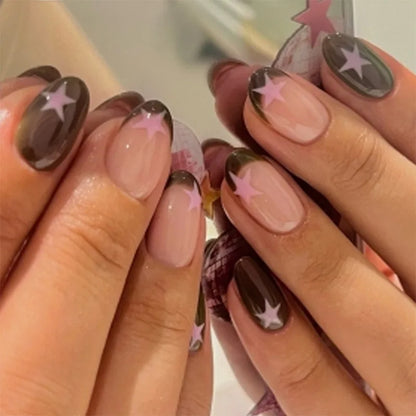 24Pcs Long Almond Press on Nails Y2K Star Diamond Designs