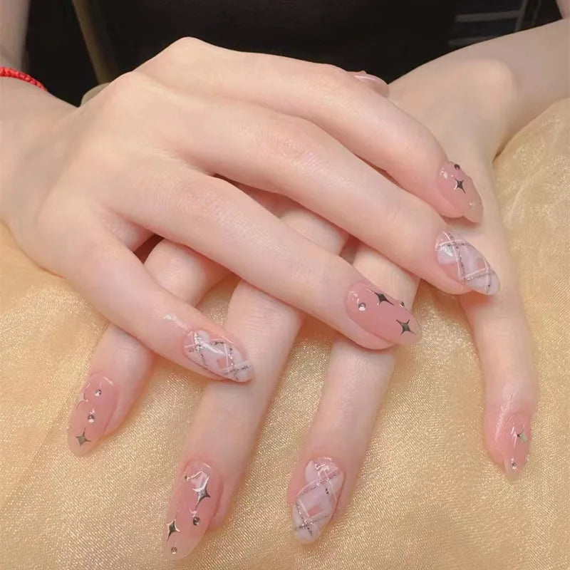 24Pcs Long Almond Press on Nails Y2K Star Diamond Designs