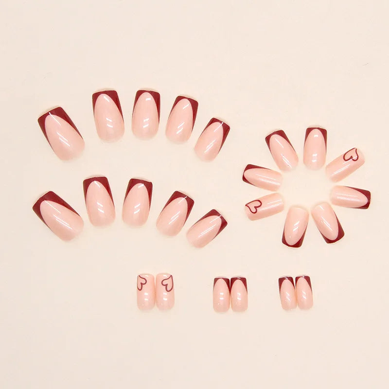 24 Pcs Short Square French Heart Simple Nails (1 Jelly Glue + 1 Nail File)