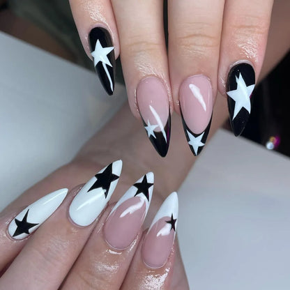 24Pcs Long Almond Press on Nails Y2K Star Diamond Designs