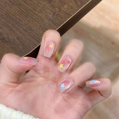 24Pcs Long Almond Press on Nails Y2K Star Diamond Designs