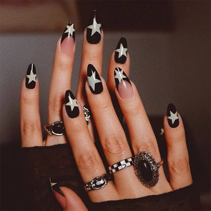 24Pcs Short Almond Press on Nails Y2K Star Diamond Designs