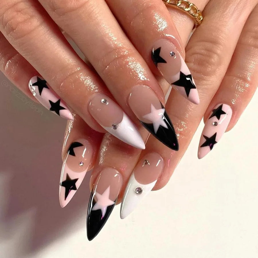 24Pcs Short Almond Press on Nails Y2K Star Diamond Designs