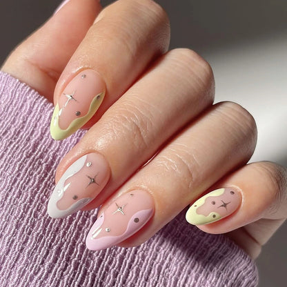 24Pcs Long Almond Press on Nails Y2K Star Diamond Designs
