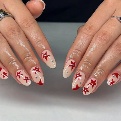 24Pcs Long Almond Press on Nails Y2K Star Diamond Designs