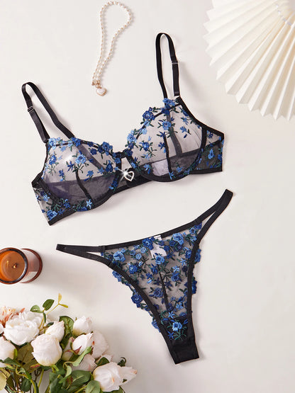 Heart Rhinestone Floral Underwear Set