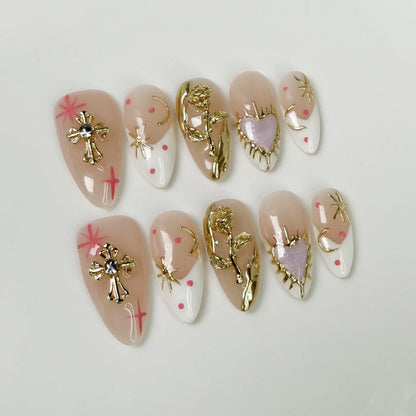 10pcs Handmade White and Gold Diamond Design Almond Press on Nails