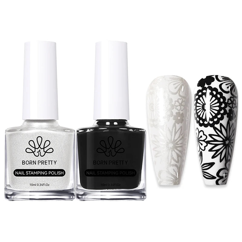 BORN PRETTY 2Pcs/Set 10ML Black and White Stamping Nail Polish