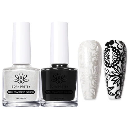 BORN PRETTY 2Pcs/Set 10ML Black and White Stamping Nail Polish