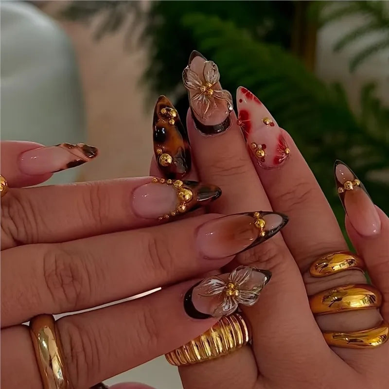 24pcs Flower Themed Mid-length Almond Press on Nails